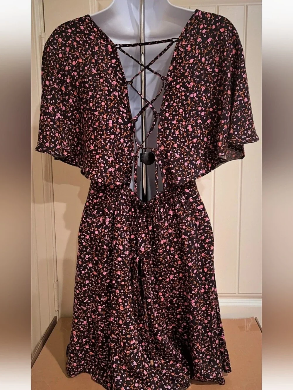 Free People Black Floral Smocked Flutter Sleeve Dress EUC